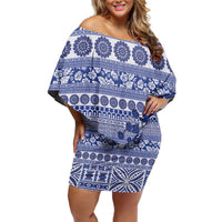 Fiji Marau na Kerisimasi Family Matching Off Shoulder Short Dress and Hawaiian Shirt Blue Tagimoucia Tapa Masi Tribal - Polynesian Pride