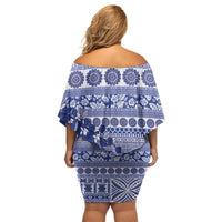 Fiji Marau na Kerisimasi Family Matching Off Shoulder Short Dress and Hawaiian Shirt Blue Tagimoucia Tapa Masi Tribal - Polynesian Pride