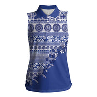 Fiji Marau na Kerisimasi Women Sleeveless Polo Shirt Blue Tagimoucia Tapa Masi Tribal - Polynesian Pride
