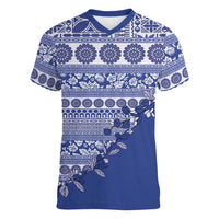 Fiji Marau na Kerisimasi Women V-Neck T-Shirt Blue Tagimoucia Tapa Masi Tribal - Polynesian Pride