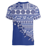 Fiji Marau na Kerisimasi Women V-Neck T-Shirt Blue Tagimoucia Tapa Masi Tribal - Polynesian Pride