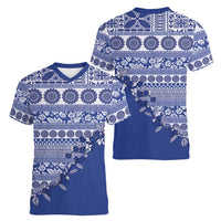 Fiji Marau na Kerisimasi Women V-Neck T-Shirt Blue Tagimoucia Tapa Masi Tribal - Polynesian Pride