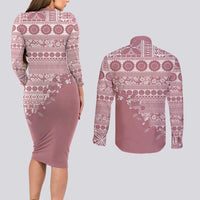 Fiji Marau na Kerisimasi Couples Matching Long Sleeve Bodycon Dress and Long Sleeve Button Shirt Dusty Rose Tagimoucia Tapa Masi Tribal - Polynesian Pride