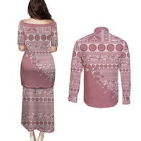 Fiji Marau na Kerisimasi Couples Matching Puletasi and Long Sleeve Button Shirt Dusty Rose Tagimoucia Tapa Masi Tribal - Polynesian Pride