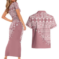 Fiji Marau na Kerisimasi Couples Matching Short Sleeve Bodycon Dress and Hawaiian Shirt Dusty Rose Tagimoucia Tapa Masi Tribal - Polynesian Pride