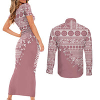 Fiji Marau na Kerisimasi Couples Matching Short Sleeve Bodycon Dress and Long Sleeve Button Shirt Dusty Rose Tagimoucia Tapa Masi Tribal - Polynesian Pride