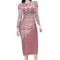 Fiji Marau na Kerisimasi Family Matching Long Sleeve Bodycon Dress and Hawaiian Shirt Dusty Rose Tagimoucia Tapa Masi Tribal - Polynesian Pride