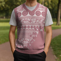 Fiji Marau na Kerisimasi Christmas Knitted V-Neck Vest Dusty Rose Tagimoucia Tapa Masi Tribal - Polynesian Pride