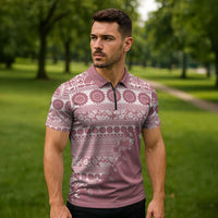 Fiji Marau na Kerisimasi Zipper Polo Shirt Dusty Rose Tagimoucia Tapa Masi Tribal - Polynesian Pride