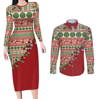 Fiji Marau na Kerisimasi Couples Matching Long Sleeve Bodycon Dress and Long Sleeve Button Shirt Red Tagimoucia Tapa Masi Tribal - Polynesian Pride