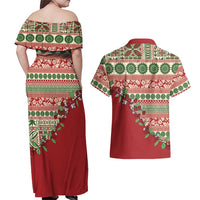 Fiji Marau na Kerisimasi Couples Matching Off Shoulder Maxi Dress and Hawaiian Shirt Red Tagimoucia Tapa Masi Tribal - Polynesian Pride