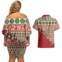 Fiji Marau na Kerisimasi Couples Matching Off Shoulder Short Dress and Hawaiian Shirt Red Tagimoucia Tapa Masi Tribal - Polynesian Pride