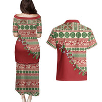 Fiji Marau na Kerisimasi Couples Matching Puletasi and Hawaiian Shirt Red Tagimoucia Tapa Masi Tribal - Polynesian Pride