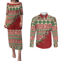 Fiji Marau na Kerisimasi Couples Matching Puletasi and Long Sleeve Button Shirt Red Tagimoucia Tapa Masi Tribal - Polynesian Pride