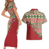 Fiji Marau na Kerisimasi Couples Matching Short Sleeve Bodycon Dress and Hawaiian Shirt Red Tagimoucia Tapa Masi Tribal - Polynesian Pride