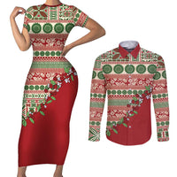 Fiji Marau na Kerisimasi Couples Matching Short Sleeve Bodycon Dress and Long Sleeve Button Shirt Red Tagimoucia Tapa Masi Tribal - Polynesian Pride