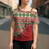 Fiji Marau na Kerisimasi Cross Shoulder Shirt Red Tagimoucia Tapa Masi Tribal - Polynesian Pride
