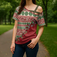 Fiji Marau na Kerisimasi Cross Shoulder Shirt Red Tagimoucia Tapa Masi Tribal - Polynesian Pride