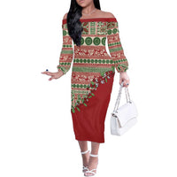Fiji Marau na Kerisimasi Family Matching Off The Shoulder Long Sleeve Dress and Hawaiian Shirt Red Tagimoucia Tapa Masi Tribal - Polynesian Pride