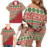 Fiji Marau na Kerisimasi Family Matching Off Shoulder Short Dress and Hawaiian Shirt Red Tagimoucia Tapa Masi Tribal - Polynesian Pride