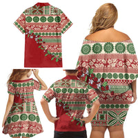 Fiji Marau na Kerisimasi Family Matching Off Shoulder Short Dress and Hawaiian Shirt Red Tagimoucia Tapa Masi Tribal - Polynesian Pride
