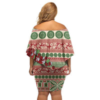 Fiji Marau na Kerisimasi Family Matching Off Shoulder Short Dress and Hawaiian Shirt Red Tagimoucia Tapa Masi Tribal - Polynesian Pride