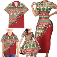 Fiji Marau na Kerisimasi Family Matching Short Sleeve Bodycon Dress and Hawaiian Shirt Red Tagimoucia Tapa Masi Tribal - Polynesian Pride
