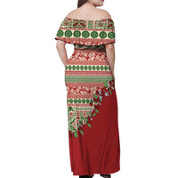 Fiji Marau na Kerisimasi Off Shoulder Maxi Dress Red Tagimoucia Tapa Masi Tribal - Polynesian Pride