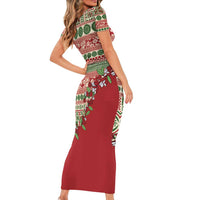 Fiji Marau na Kerisimasi Short Sleeve Bodycon Dress Red Tagimoucia Tapa Masi Tribal - Polynesian Pride