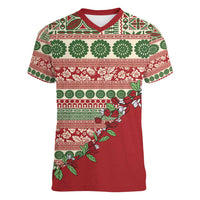 Fiji Marau na Kerisimasi Women V-Neck T-Shirt Red Tagimoucia Tapa Masi Tribal - Polynesian Pride