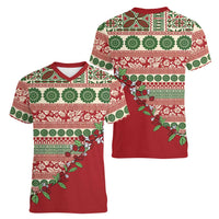 Fiji Marau na Kerisimasi Women V-Neck T-Shirt Red Tagimoucia Tapa Masi Tribal - Polynesian Pride