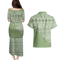 Fiji Marau na Kerisimasi Couples Matching Puletasi and Hawaiian Shirt Sage Green Tagimoucia Tapa Masi Tribal - Polynesian Pride