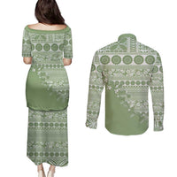 Fiji Marau na Kerisimasi Couples Matching Puletasi and Long Sleeve Button Shirt Sage Green Tagimoucia Tapa Masi Tribal - Polynesian Pride