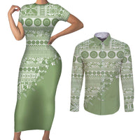 Fiji Marau na Kerisimasi Couples Matching Short Sleeve Bodycon Dress and Long Sleeve Button Shirt Sage Green Tagimoucia Tapa Masi Tribal - Polynesian Pride