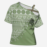 Fiji Marau na Kerisimasi Cross Shoulder Shirt Sage Green Tagimoucia Tapa Masi Tribal - Polynesian Pride