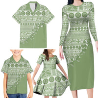 Fiji Marau na Kerisimasi Family Matching Long Sleeve Bodycon Dress and Hawaiian Shirt Sage Green Tagimoucia Tapa Masi Tribal - Polynesian Pride