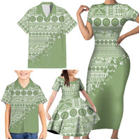 Fiji Marau na Kerisimasi Family Matching Short Sleeve Bodycon Dress and Hawaiian Shirt Sage Green Tagimoucia Tapa Masi Tribal - Polynesian Pride