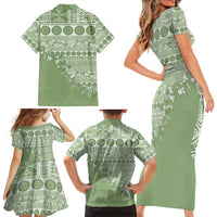 Fiji Marau na Kerisimasi Family Matching Short Sleeve Bodycon Dress and Hawaiian Shirt Sage Green Tagimoucia Tapa Masi Tribal - Polynesian Pride