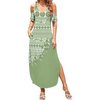Fiji Marau na Kerisimasi Family Matching Summer Maxi Dress and Hawaiian Shirt Sage Green Tagimoucia Tapa Masi Tribal - Polynesian Pride