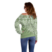 Fiji Marau na Kerisimasi Off Shoulder Sweater Sage Green Tagimoucia Tapa Masi Tribal - Polynesian Pride