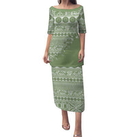 Fiji Marau na Kerisimasi Puletasi Sage Green Tagimoucia Tapa Masi Tribal LT9 Long Dress Green - Polynesian Pride