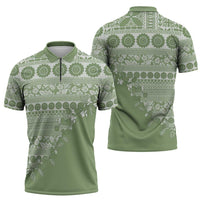 Fiji Marau na Kerisimasi Zipper Polo Shirt Sage Green Tagimoucia Tapa Masi Tribal - Polynesian Pride