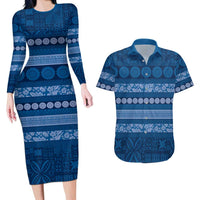 Fiji Marau na Kerisimasi Couples Matching Long Sleeve Bodycon Dress and Hawaiian Shirt Blue Tapa Masi Inspired Christmas - Polynesian Pride