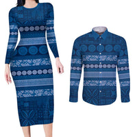 Fiji Marau na Kerisimasi Couples Matching Long Sleeve Bodycon Dress and Long Sleeve Button Shirt Blue Tapa Masi Inspired Christmas - Polynesian Pride