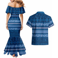 Fiji Marau na Kerisimasi Couples Matching Mermaid Dress and Hawaiian Shirt Blue Tapa Masi Inspired Christmas - Polynesian Pride