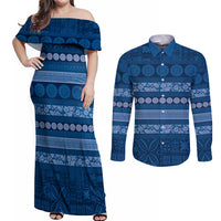 Fiji Marau na Kerisimasi Couples Matching Off Shoulder Maxi Dress and Long Sleeve Button Shirt Blue Tapa Masi Inspired Christmas - Polynesian Pride