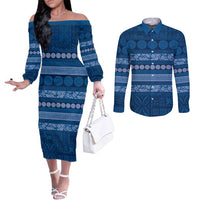 Fiji Marau na Kerisimasi Couples Matching Off The Shoulder Long Sleeve Dress and Long Sleeve Button Shirt Blue Tapa Masi Inspired Christmas - Polynesian Pride