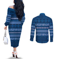 Fiji Marau na Kerisimasi Couples Matching Off The Shoulder Long Sleeve Dress and Long Sleeve Button Shirt Blue Tapa Masi Inspired Christmas - Polynesian Pride