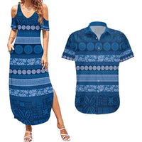 Fiji Marau na Kerisimasi Couples Matching Summer Maxi Dress and Hawaiian Shirt Blue Tapa Masi Inspired Christmas - Polynesian Pride