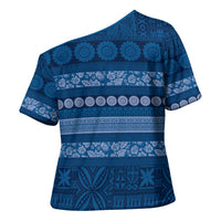 Fiji Marau na Kerisimasi Cross Shoulder Shirt Blue Tapa Masi Inspired Christmas LT9 - Polynesian Pride